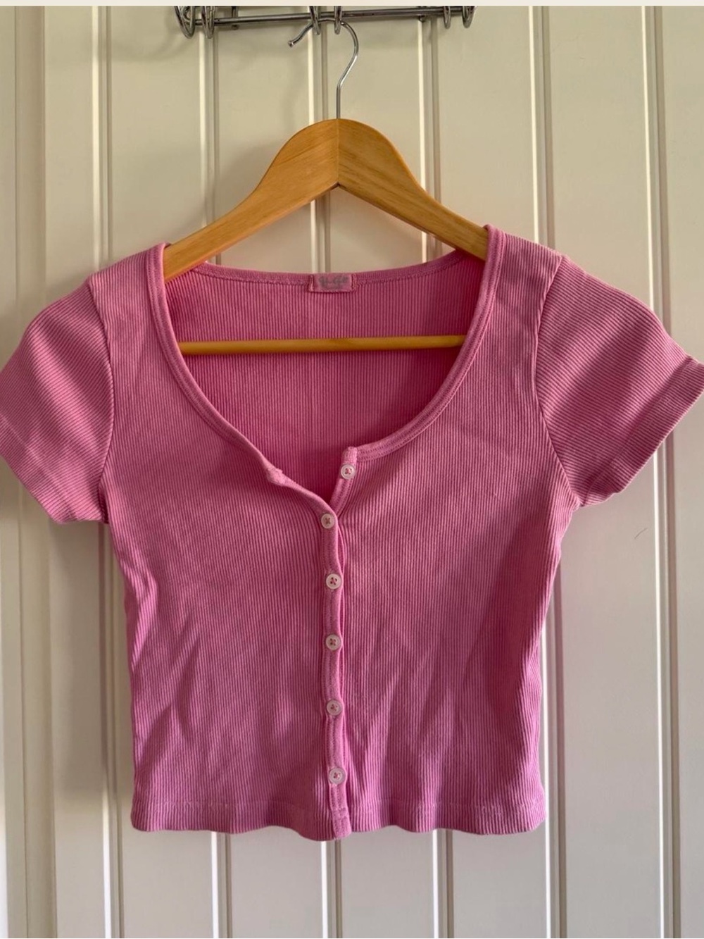 Brandy Melville Pink Ribbed Button-Front Short Sleeve Top